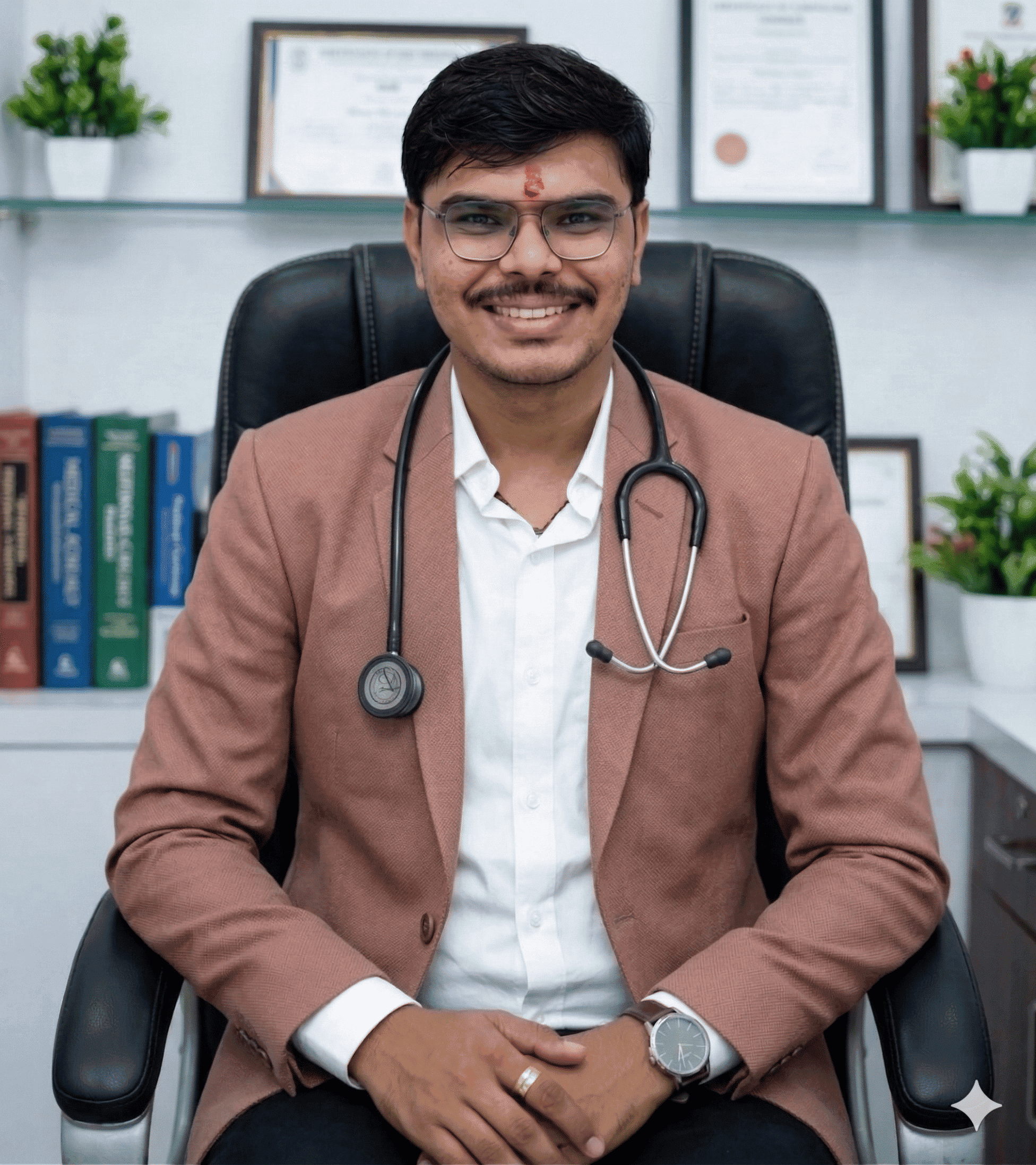 Portrait of Dr. Priyank Shekhaliya, consultant homeopath at Aastha Homeopathy, in clinic attire with stethoscope